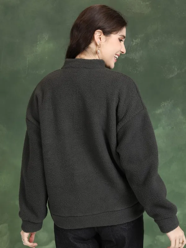  Tokyo Talkies Women Grey Solid Pullover High Neck Sweatshirts