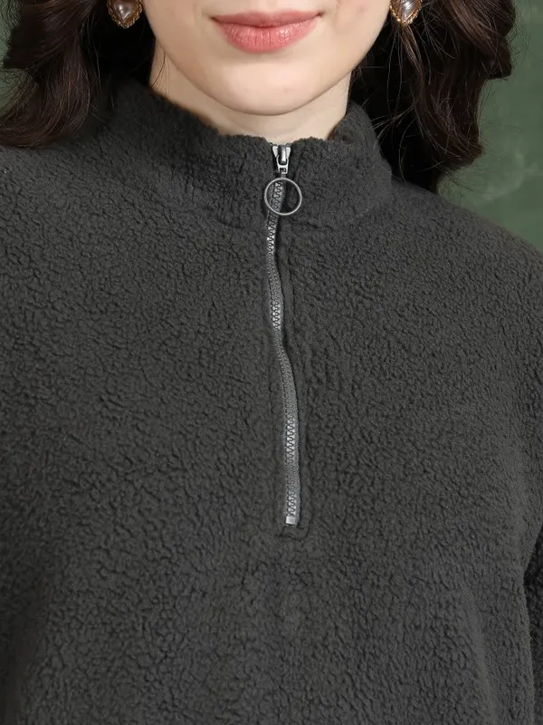  Tokyo Talkies Women Grey Solid Pullover High Neck Sweatshirts