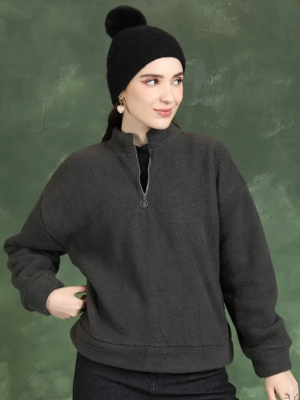  Tokyo Talkies Women Grey Solid Pullover High Neck Sweatshirts