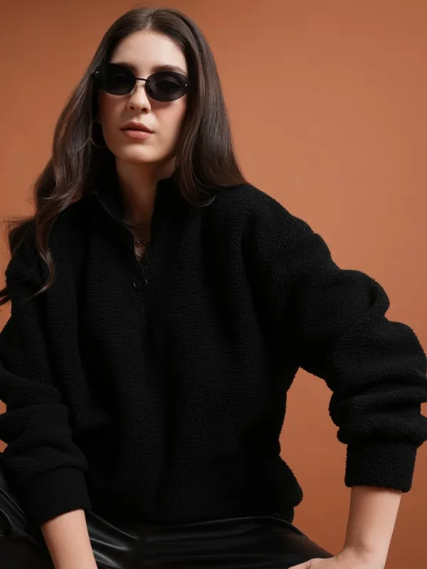  Tokyo Talkies Women Black Solid Pullover High Neck Sweatshirts