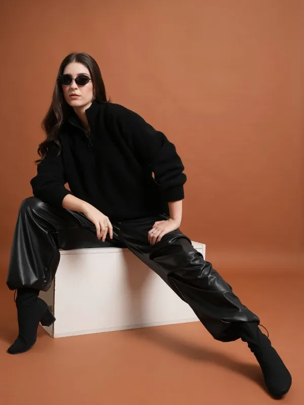  Tokyo Talkies Women Black Solid Pullover High Neck Sweatshirts