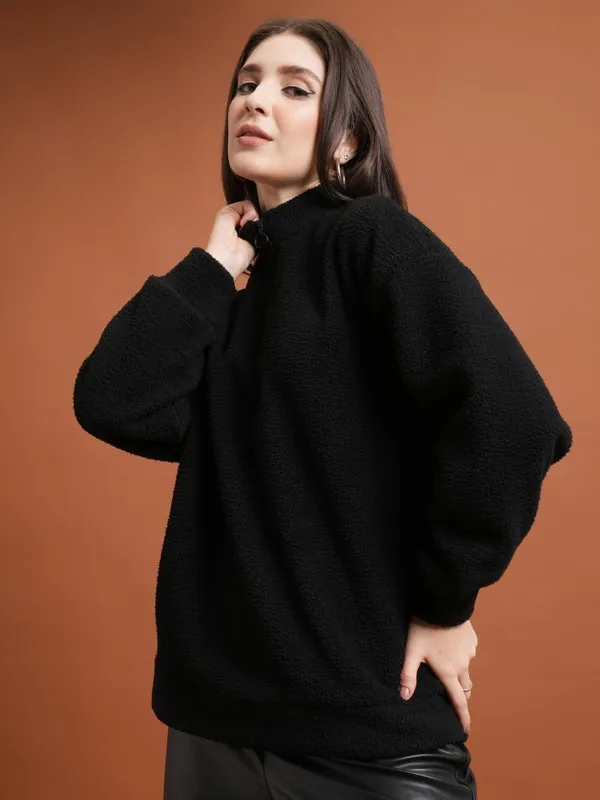  Tokyo Talkies Women Black Solid Pullover High Neck Sweatshirts