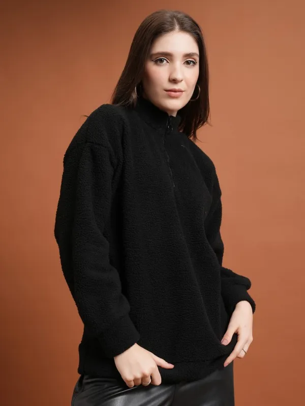  Tokyo Talkies Women Black Solid Pullover High Neck Sweatshirts