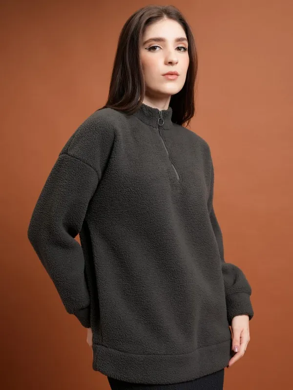  Tokyo Talkies Women Grey Solid Pullover High Neck Sweatshirts