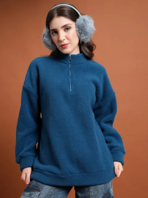  Tokyo Talkies Women Teal Solid Pullover High Neck Sweatshirts