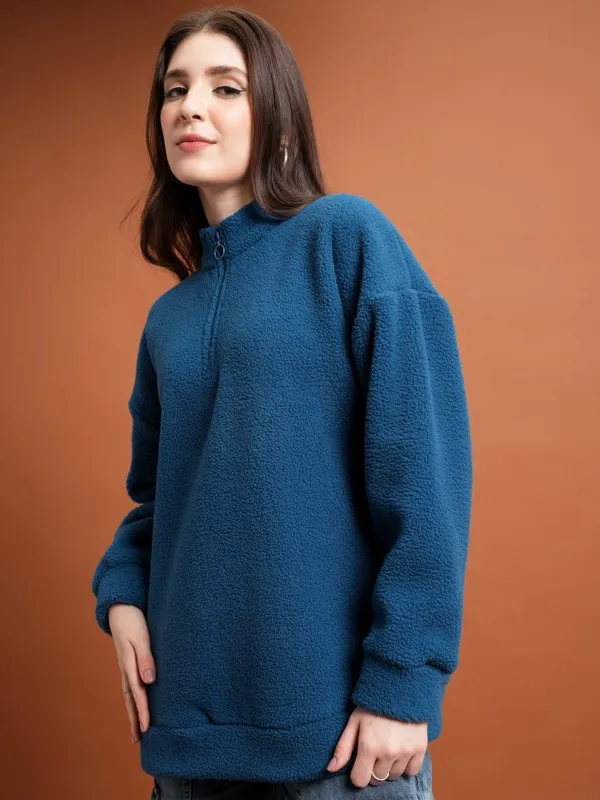  Tokyo Talkies Women Teal Solid Pullover High Neck Sweatshirts