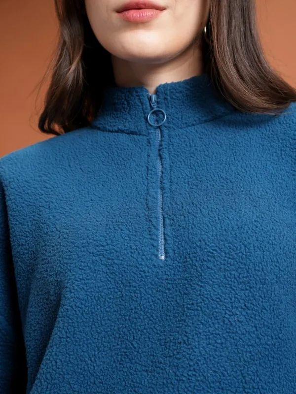  Tokyo Talkies Women Teal Solid Pullover High Neck Sweatshirts
