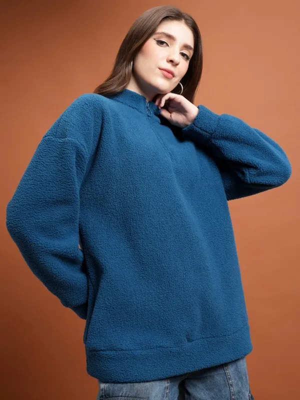  Tokyo Talkies Women Teal Solid Pullover High Neck Sweatshirts