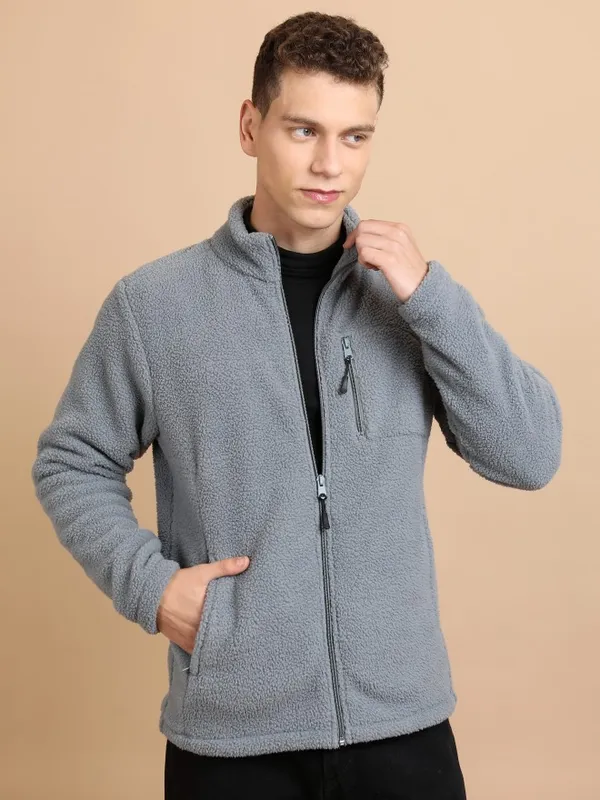  Highlander Men Grey High Neck Front-Open Sweatshirts