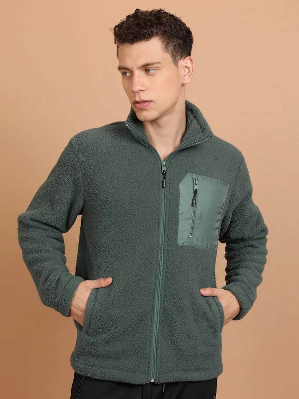  Highlander Men Green High Neck Front-Open Sweatshirts