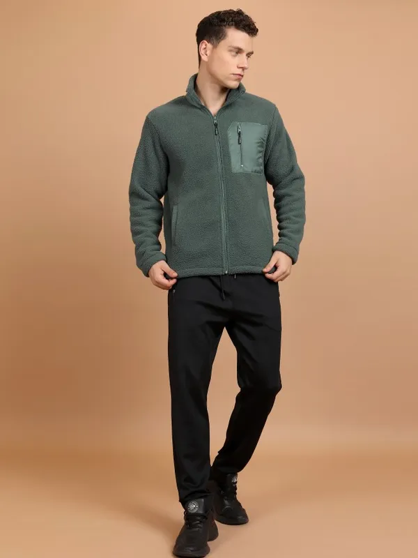  Highlander Men Green High Neck Front-Open Sweatshirts