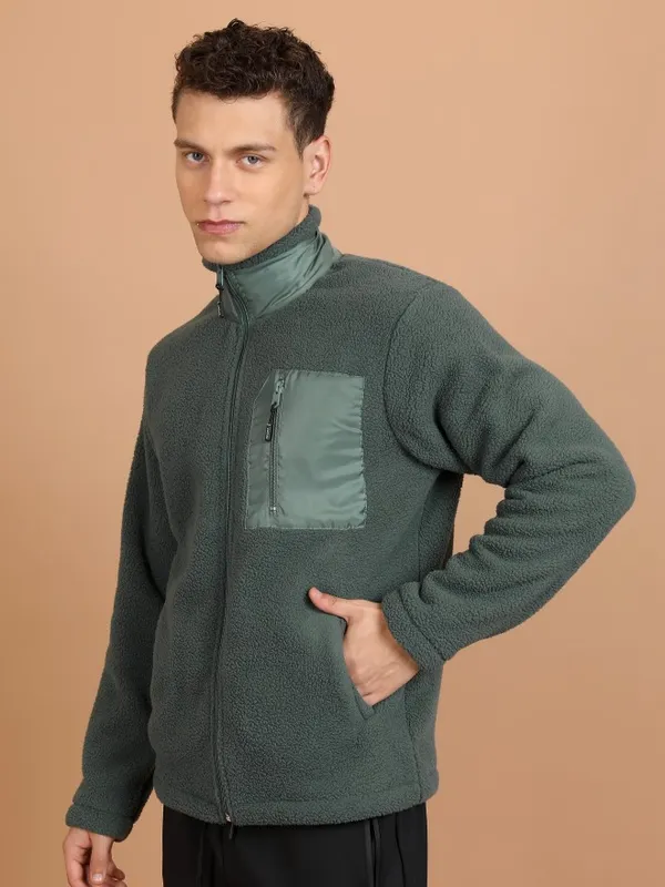  Highlander Men Green High Neck Front-Open Sweatshirts