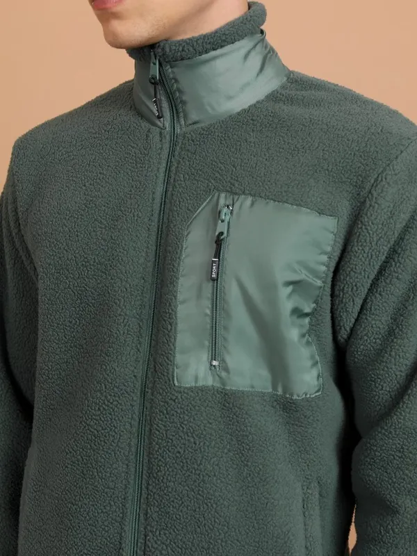  Highlander Men Green High Neck Front-Open Sweatshirts