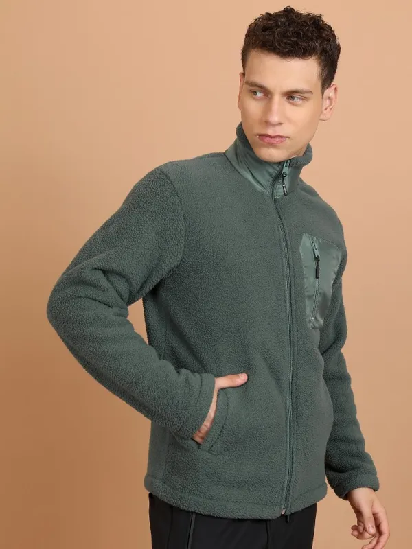  Highlander Men Green High Neck Front-Open Sweatshirts