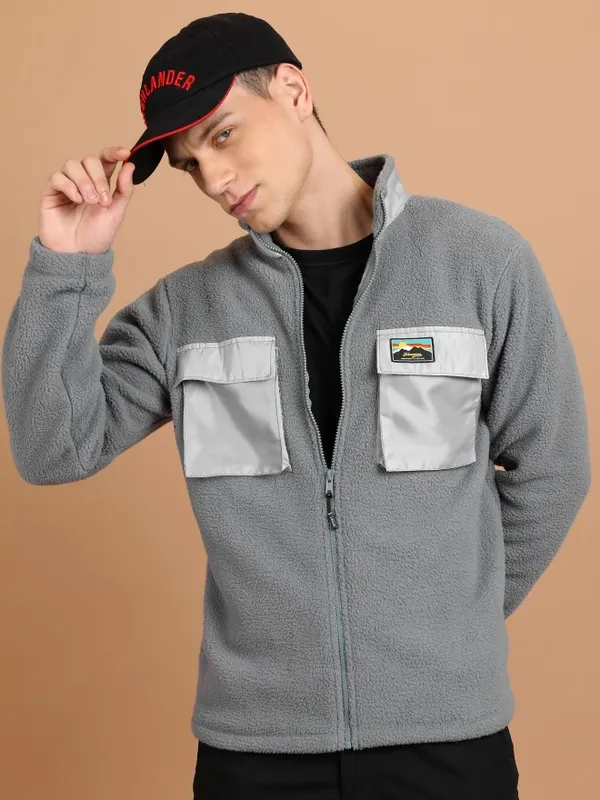  Highlander Men Grey High Neck Front-Open Sweatshirts