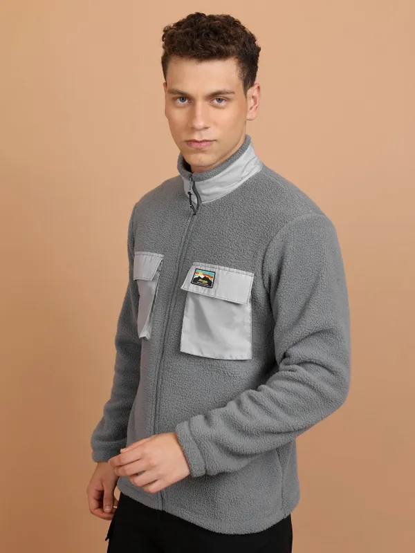  Highlander Men Grey High Neck Front-Open Sweatshirts