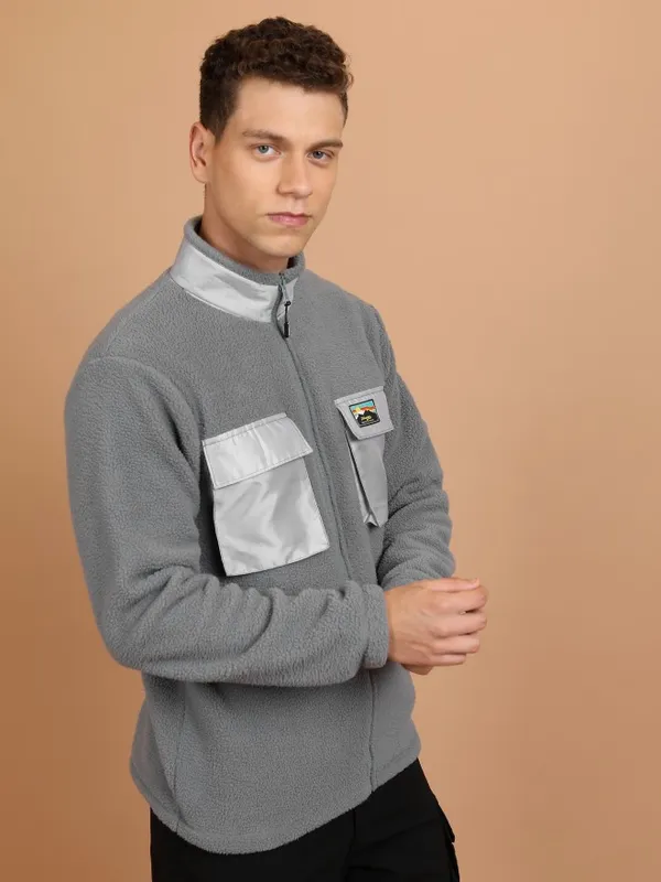  Highlander Men Grey High Neck Front-Open Sweatshirts