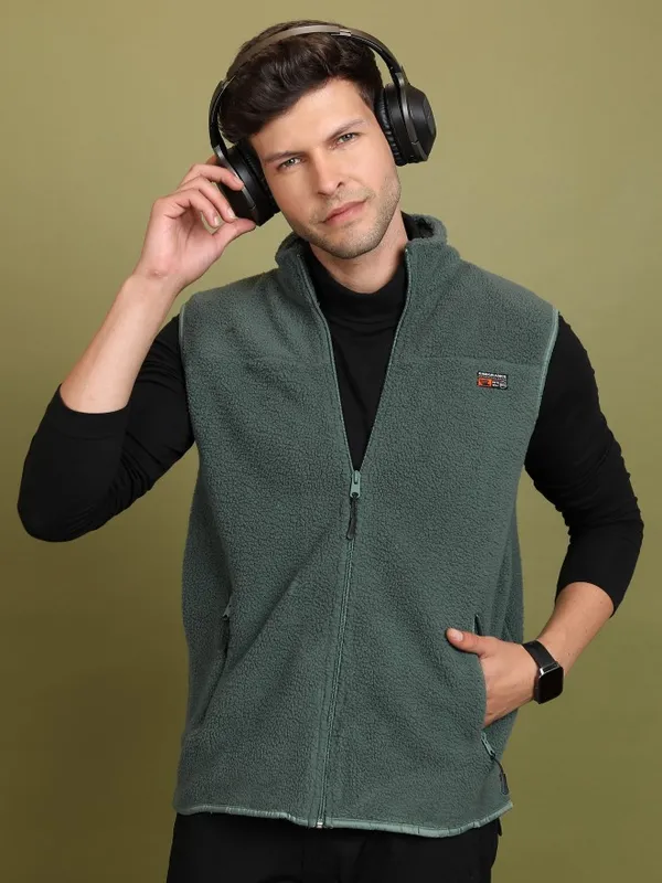  Highlander Men Green High Neck Front-Open Sweatshirts