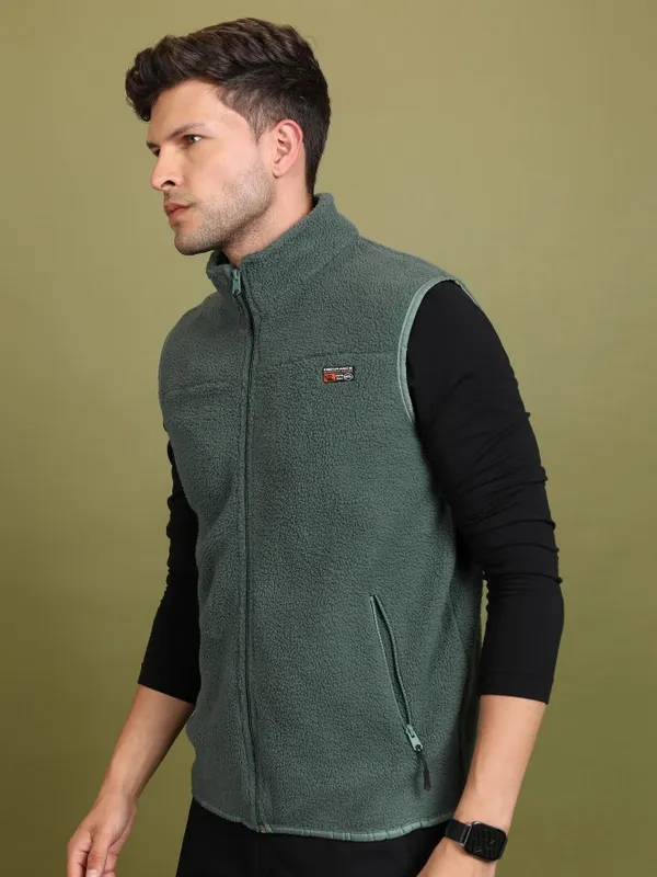  Highlander Men Green High Neck Front-Open Sweatshirts