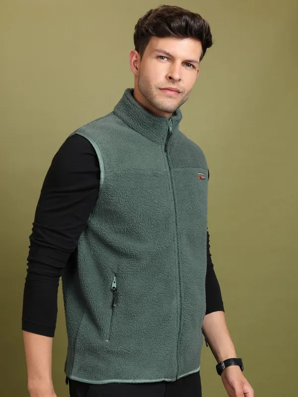  Highlander Men Green High Neck Front-Open Sweatshirts
