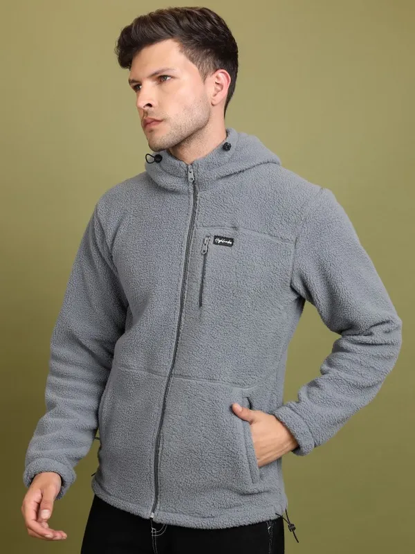  Highlander Men Grey Hood Front-Open Sweatshirts