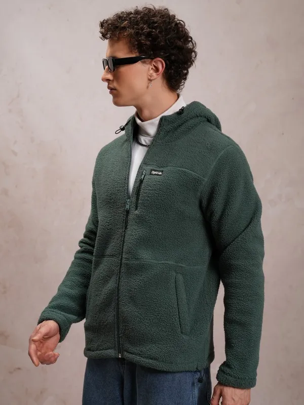  Highlander Men Green Hood Front-Open Sweatshirts