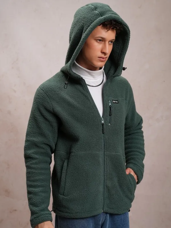  Highlander Men Green Hood Front-Open Sweatshirts