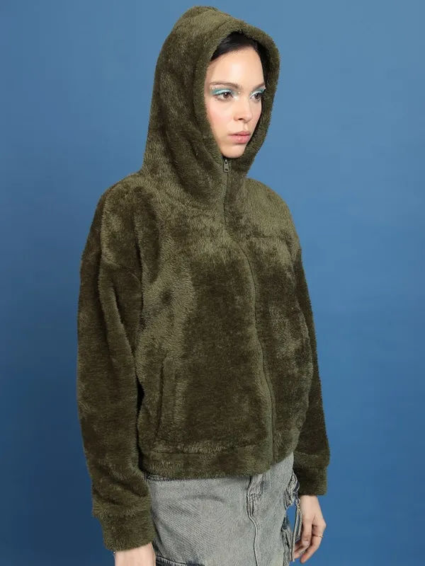  Tokyo Talkies Women Green Solid Pullover Hood Sweatshirts
