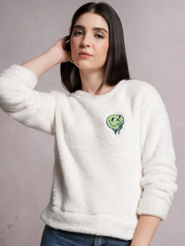  Tokyo Talkies Women White Solid Pullover Round Neck Sweatshirts
