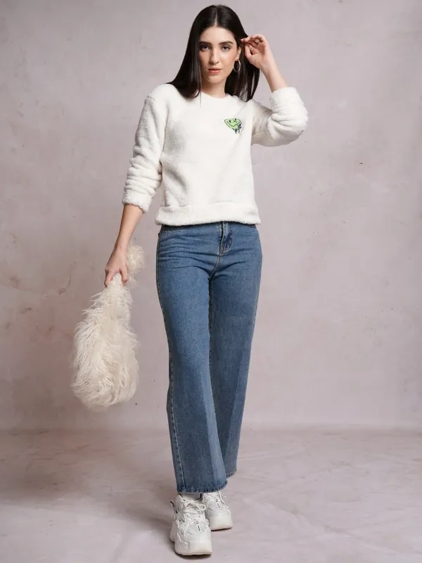  Tokyo Talkies Women White Solid Pullover Round Neck Sweatshirts