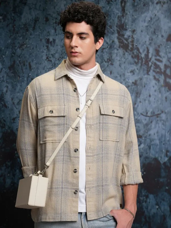  Locomotive Men Beige Checked Oversized Fit Casual Shirts