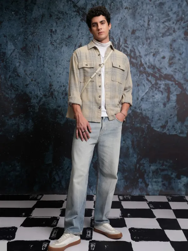  Locomotive Men Beige Checked Oversized Fit Casual Shirts