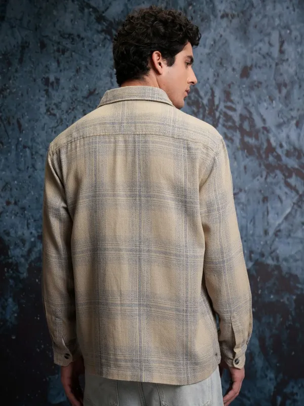  Locomotive Men Beige Checked Oversized Fit Casual Shirts