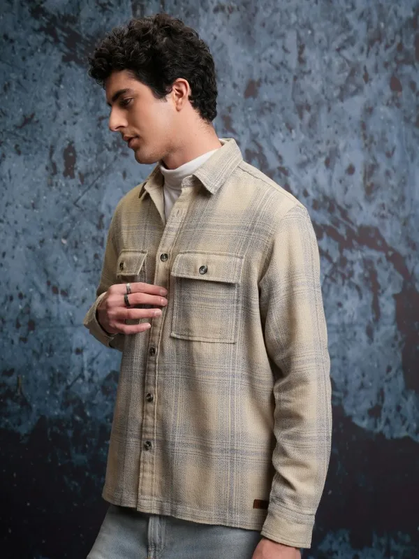 Locomotive Men Beige Checked Oversized Fit Casual Shirts