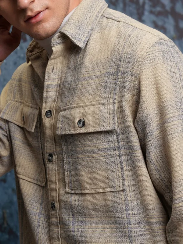  Locomotive Men Beige Checked Oversized Fit Casual Shirts