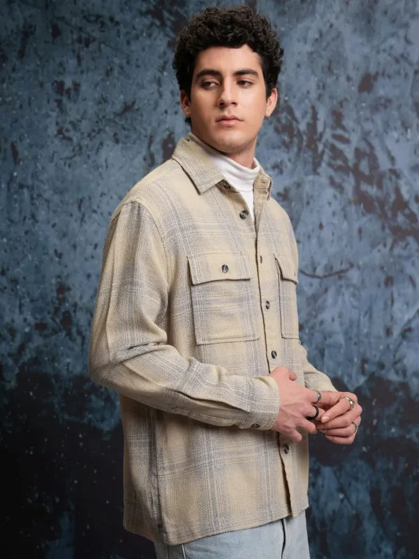  Locomotive Men Beige Checked Oversized Fit Casual Shirts
