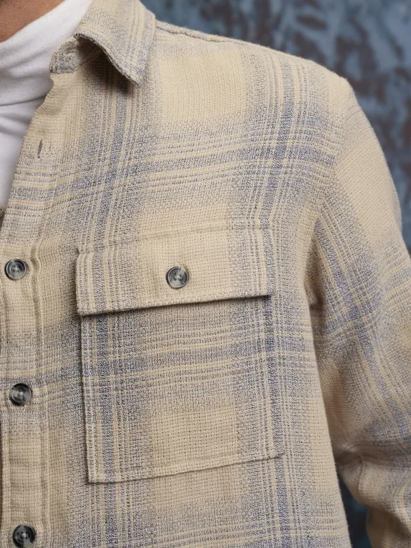  Locomotive Men Beige Checked Oversized Fit Casual Shirts