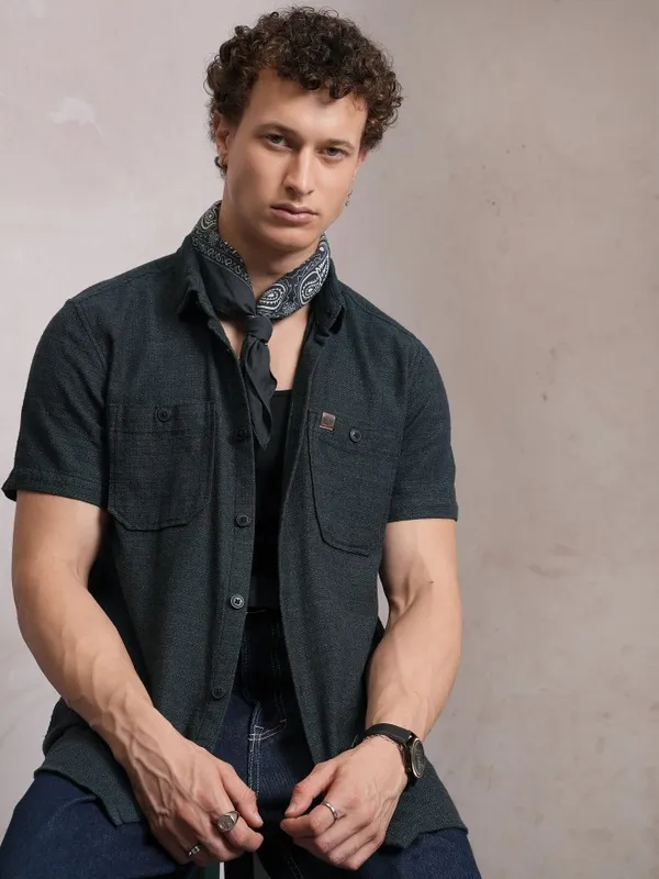  Locomotive Men Blue Self Design Slim Fit Casual Shirts
