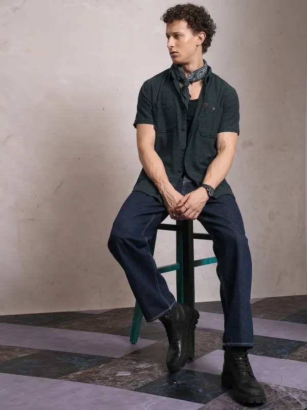 Locomotive Men Blue Self Design Slim Fit Casual Shirts