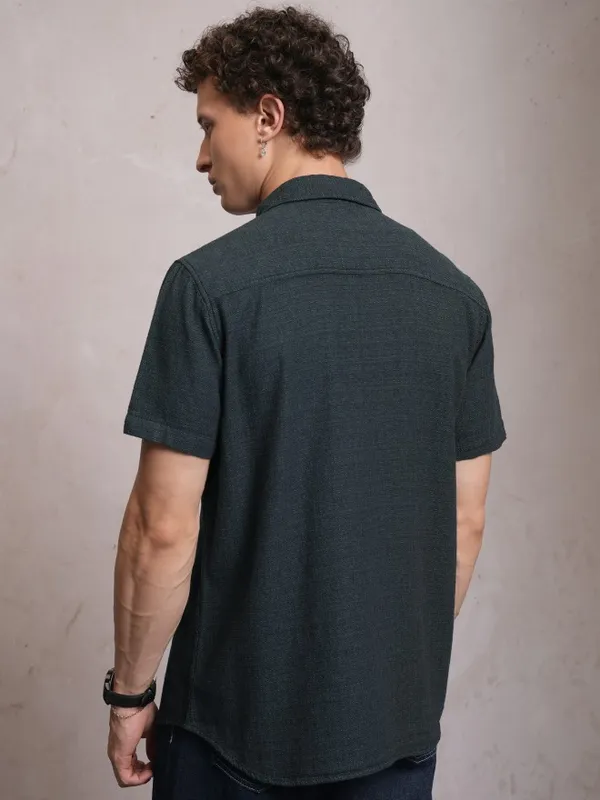  Locomotive Men Blue Self Design Slim Fit Casual Shirts