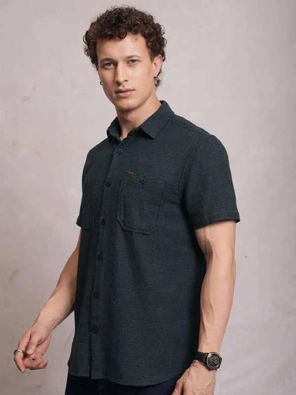  Locomotive Men Blue Self Design Slim Fit Casual Shirts