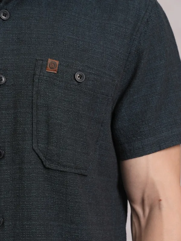  Locomotive Men Blue Self Design Slim Fit Casual Shirts