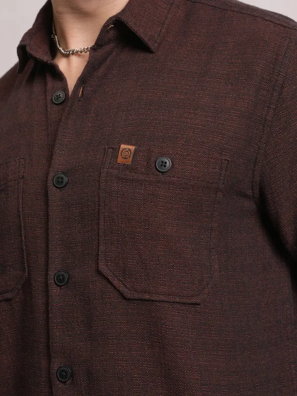 Locomotive Men Brown Solid Slim Fit Casual Shirt