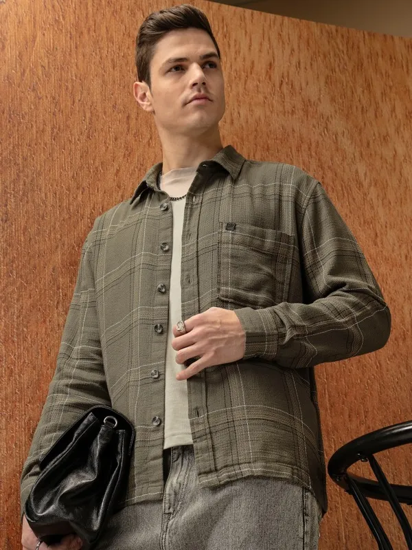  Locomotive Men Olive Checked Oversized Fit Casual Shirts