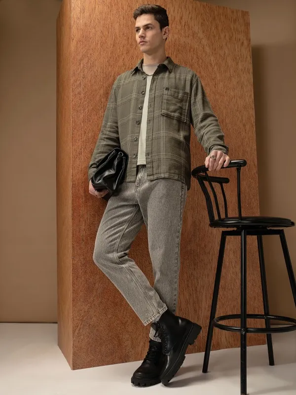  Locomotive Men Olive Checked Oversized Fit Casual Shirts