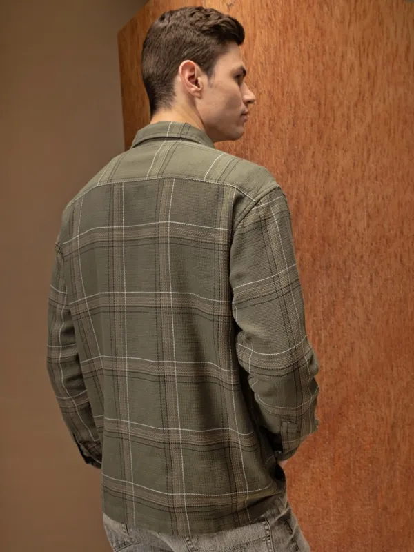  Locomotive Men Olive Checked Oversized Fit Casual Shirts