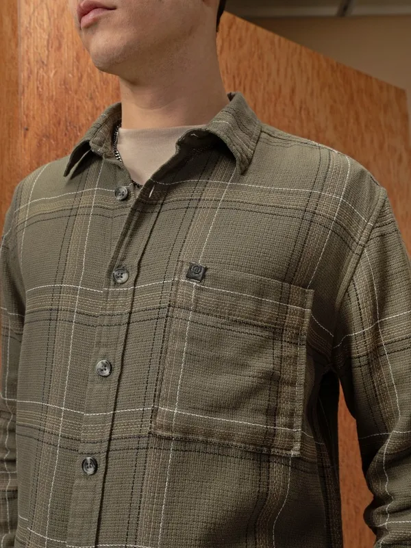  Locomotive Men Olive Checked Oversized Fit Casual Shirts