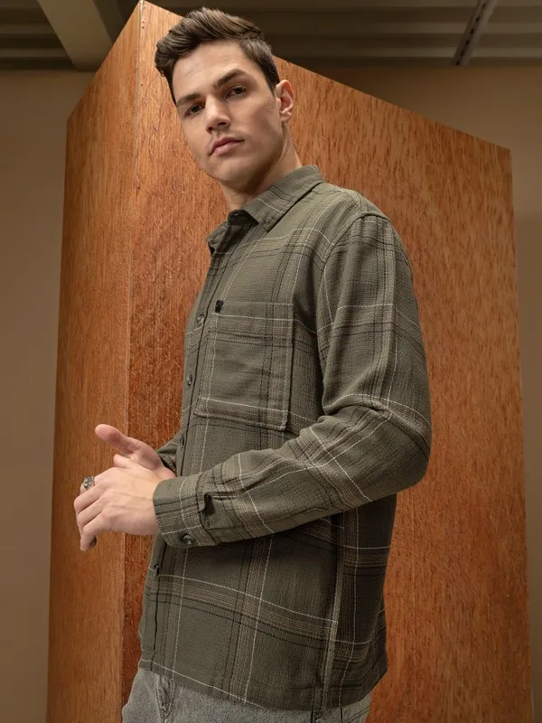  Locomotive Men Olive Checked Oversized Fit Casual Shirts
