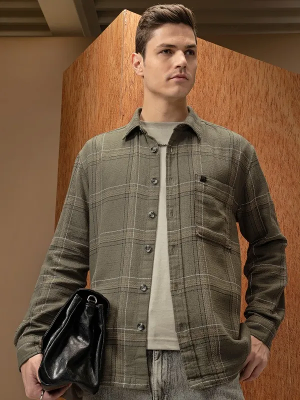  Locomotive Men Olive Checked Oversized Fit Casual Shirts