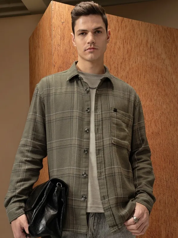  Locomotive Men Olive Checked Oversized Fit Casual Shirts